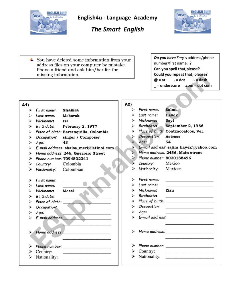 PERSONAL INFORMATION SPEAKING AND WRITING CARD 2