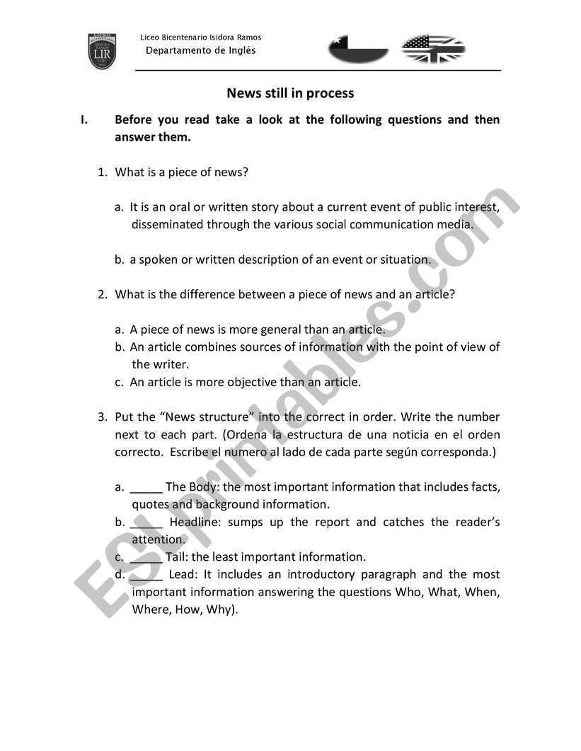 News still in progress worksheet