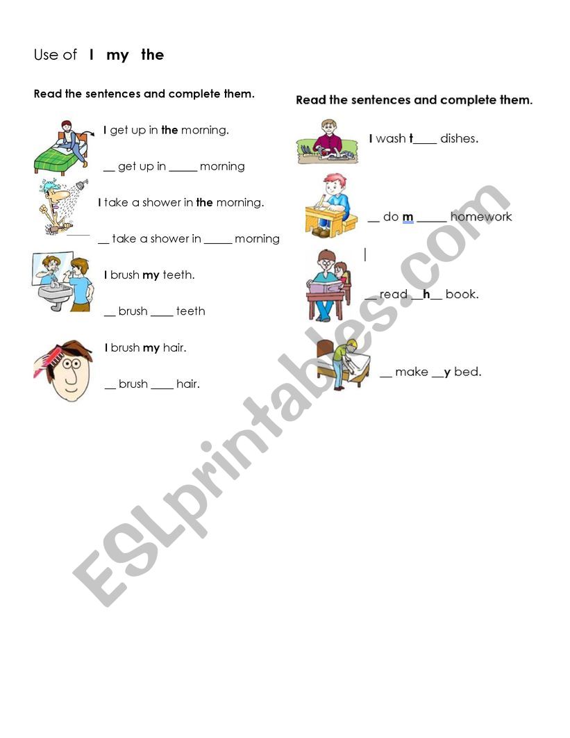 USE OF I  MY  THE worksheet
