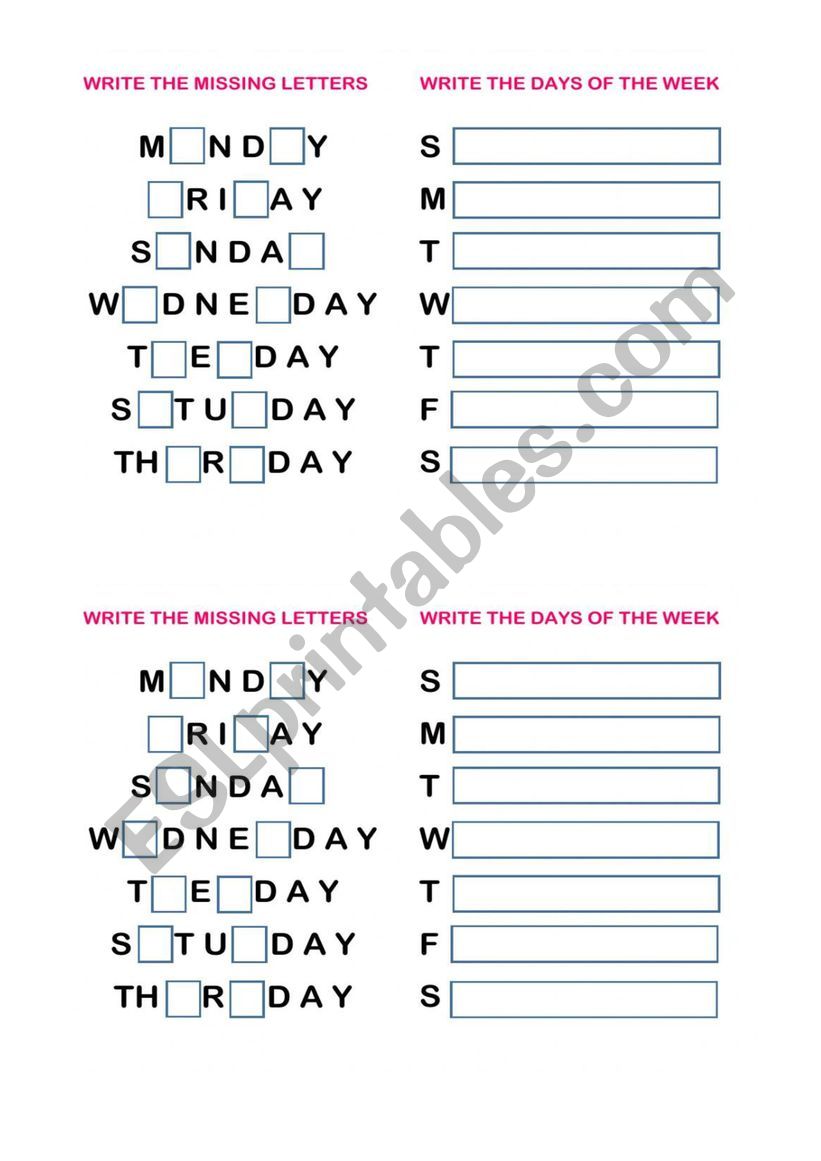 Days of the week worksheet