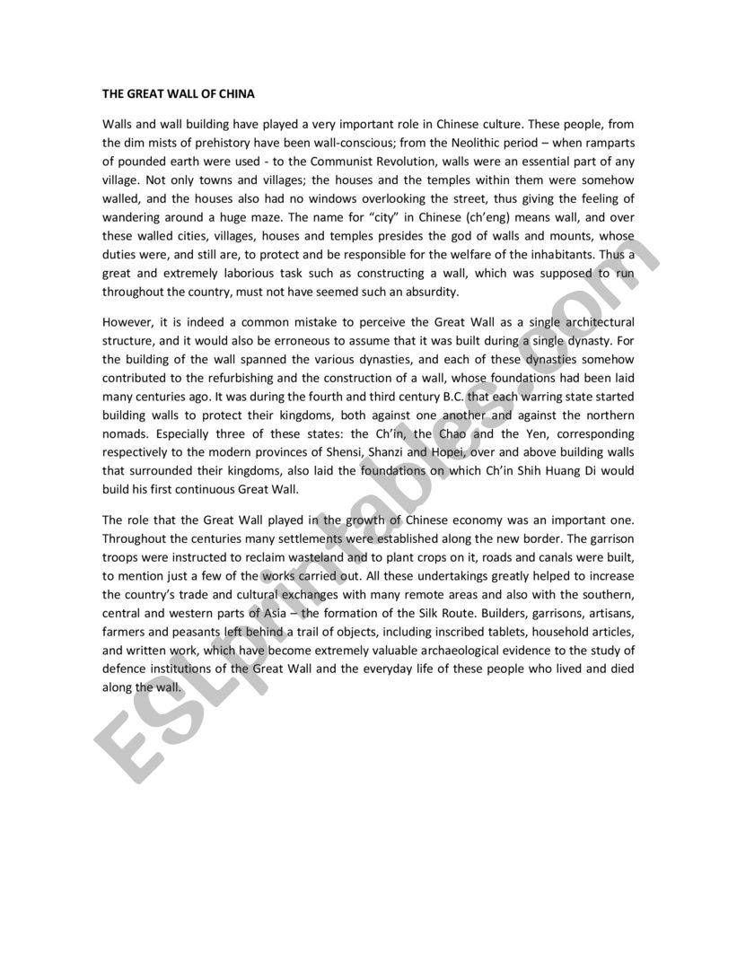 the great wall of China worksheet
