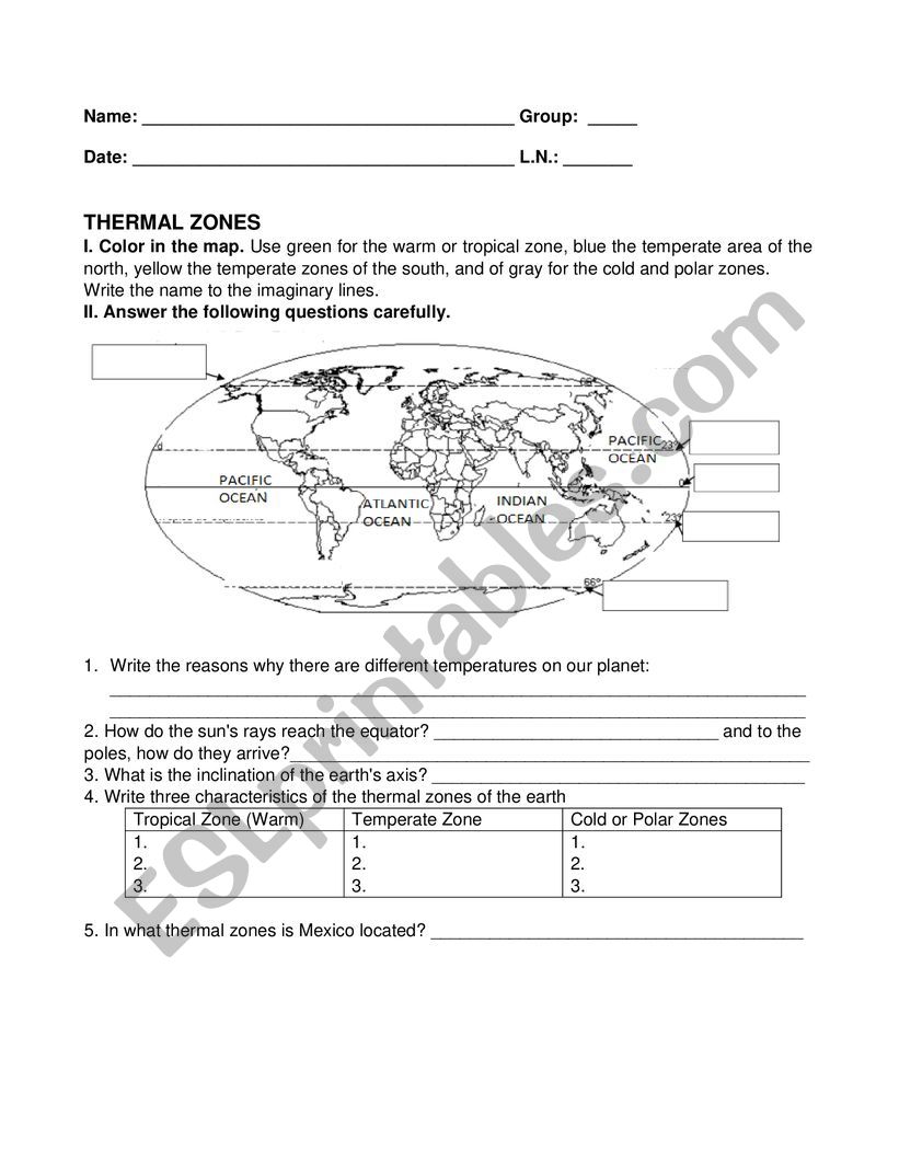 Geography: Thermal Zones Exercise - ESL worksheet by borotraj