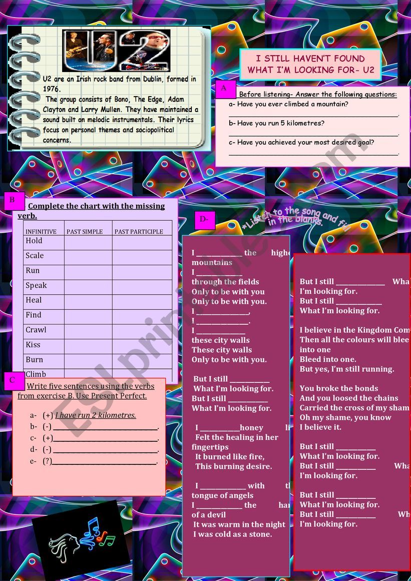PRESENT PERFECT WITH SONGS worksheet