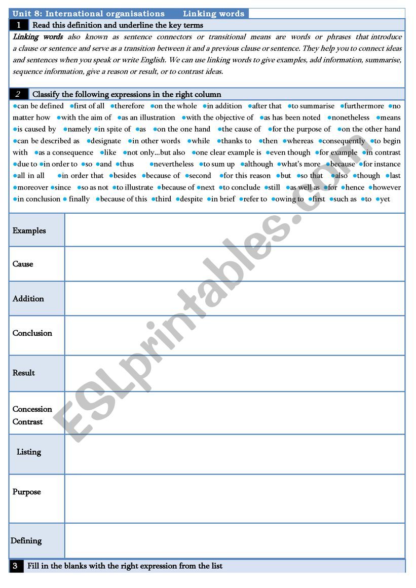    Linking words  worksheet