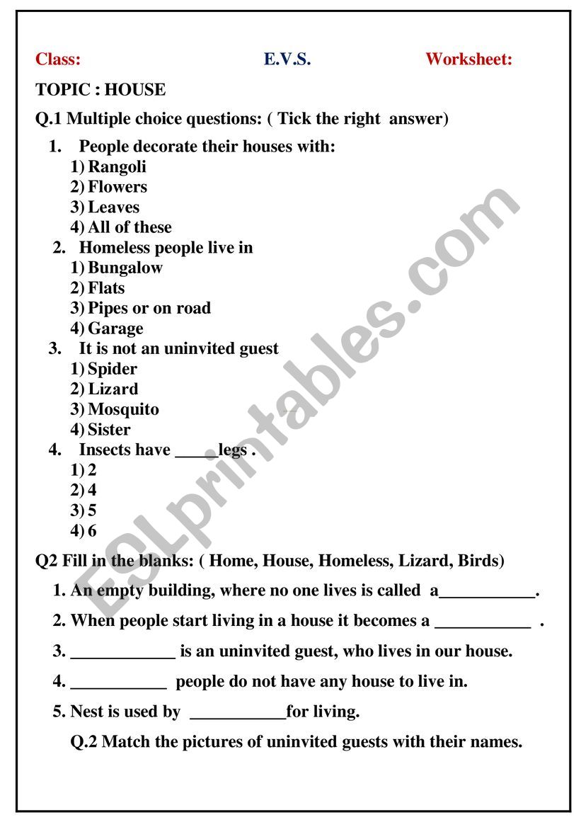 House , importance of house worksheet