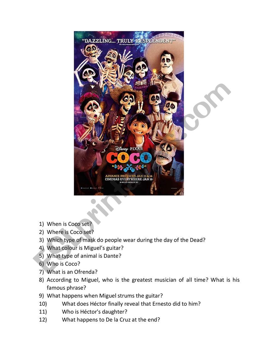 Coco movie worsheet worksheet