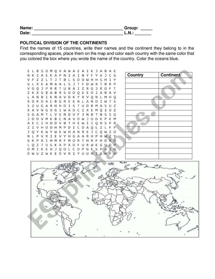 Geography: Political Divisions of the Continents Exercise