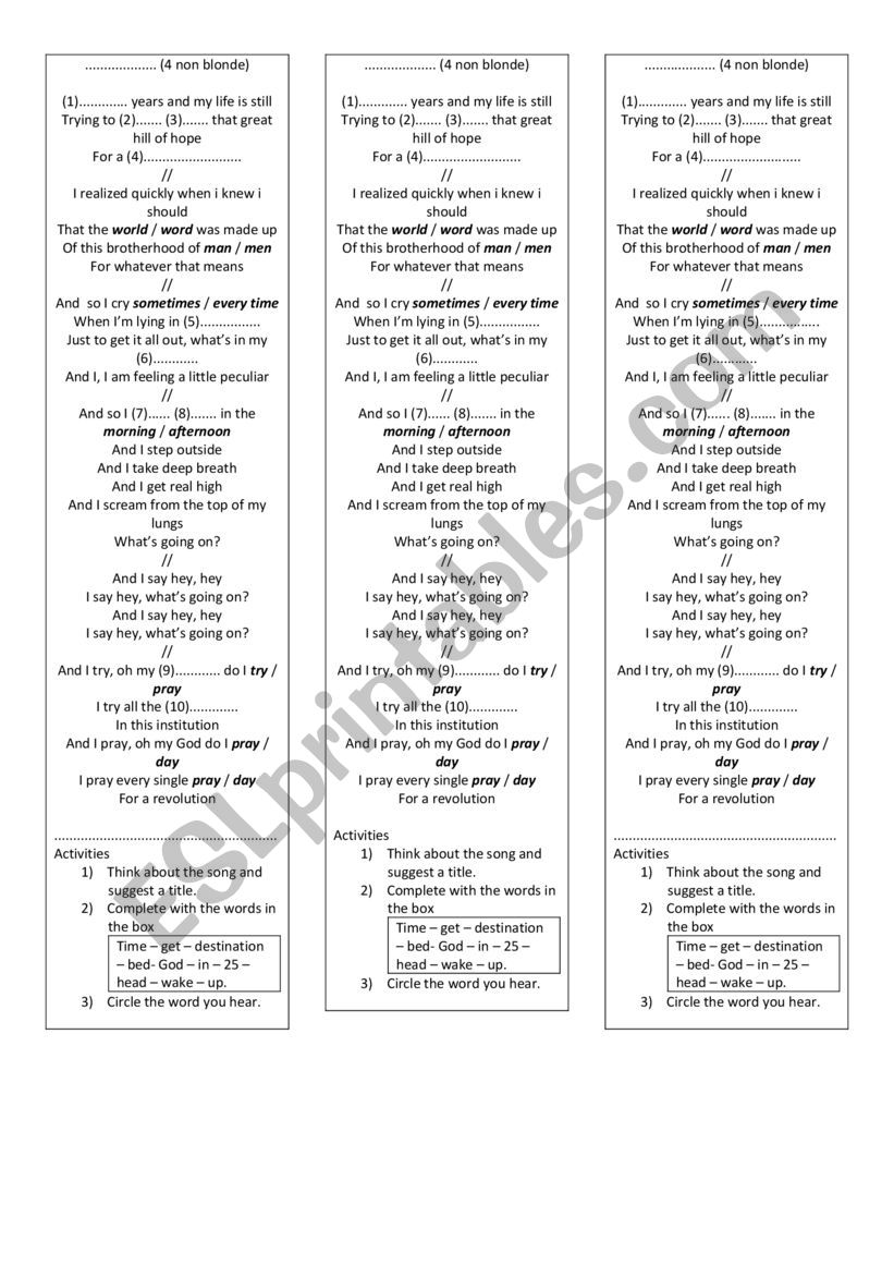 What�s up by 4 Non Blondes worksheet