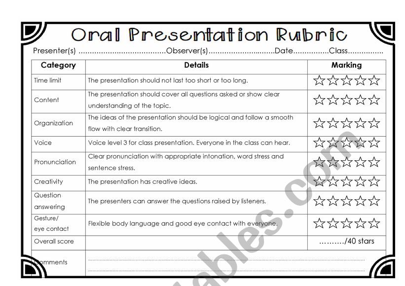 Oral Presentation Rubric worksheet