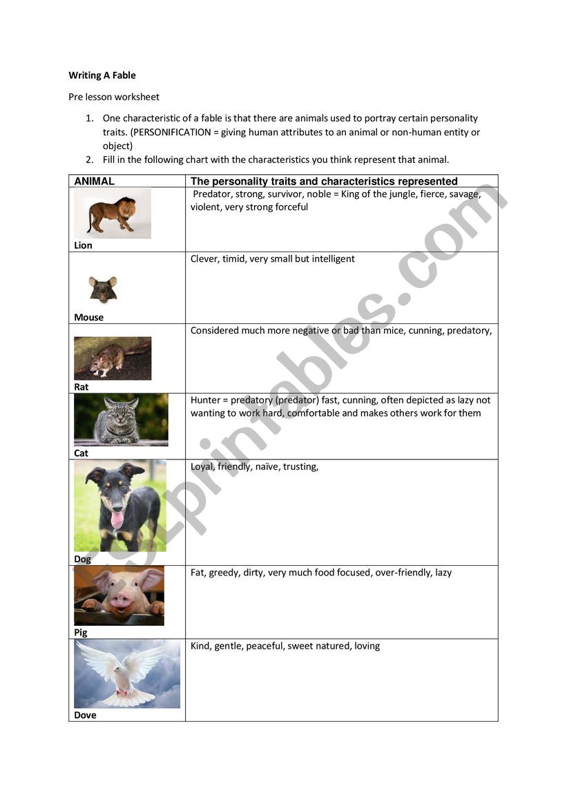 Pre fable reading activity worksheet