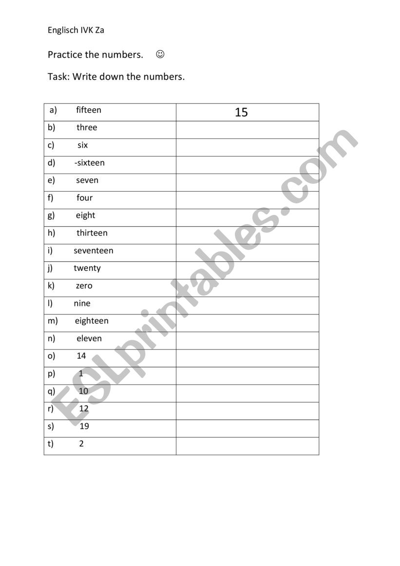 English International classes Practice the numbers 1 to 20