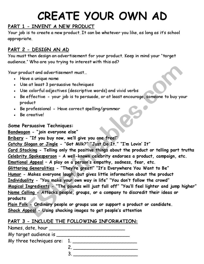 Create Your Own Ad worksheet