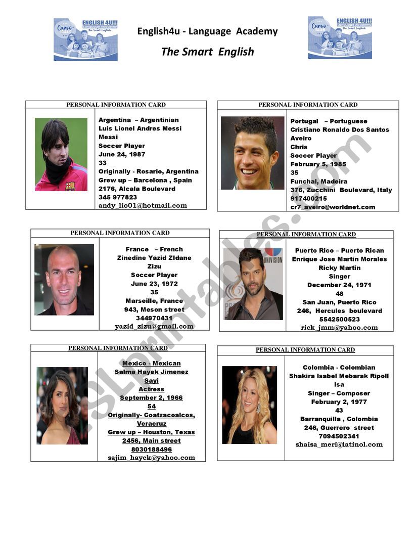 PERSONAL INFORMATION CARDS - FAMOUS PEOPLE 1