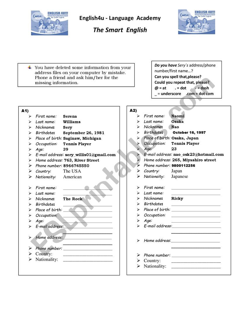 PERSONAL INFORMATION SPEAKING AND WRITING CARD 3