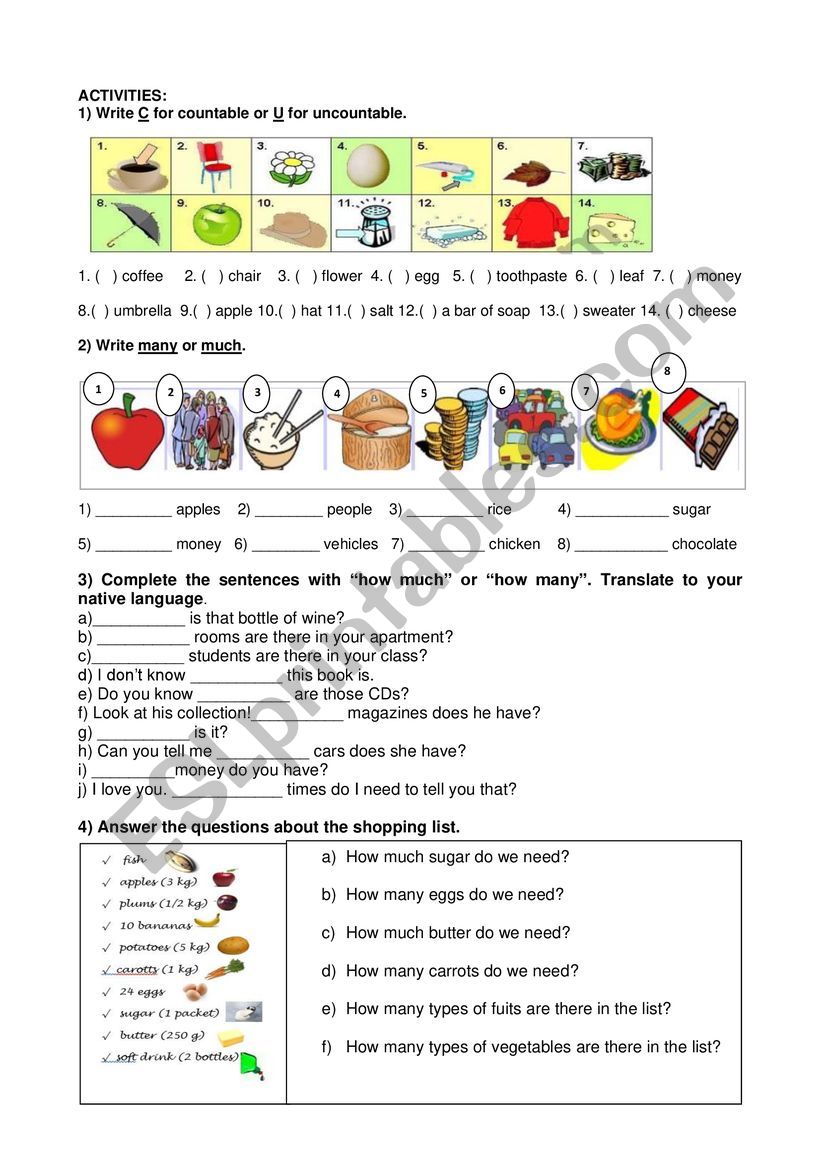Quantifiers many much worksheet