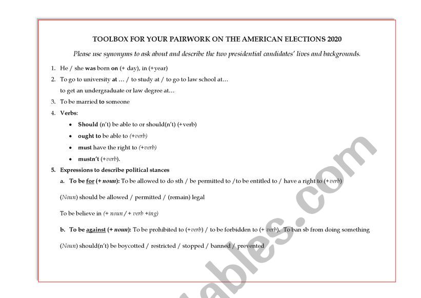 Pair work 2020 presidential elections: the candidates