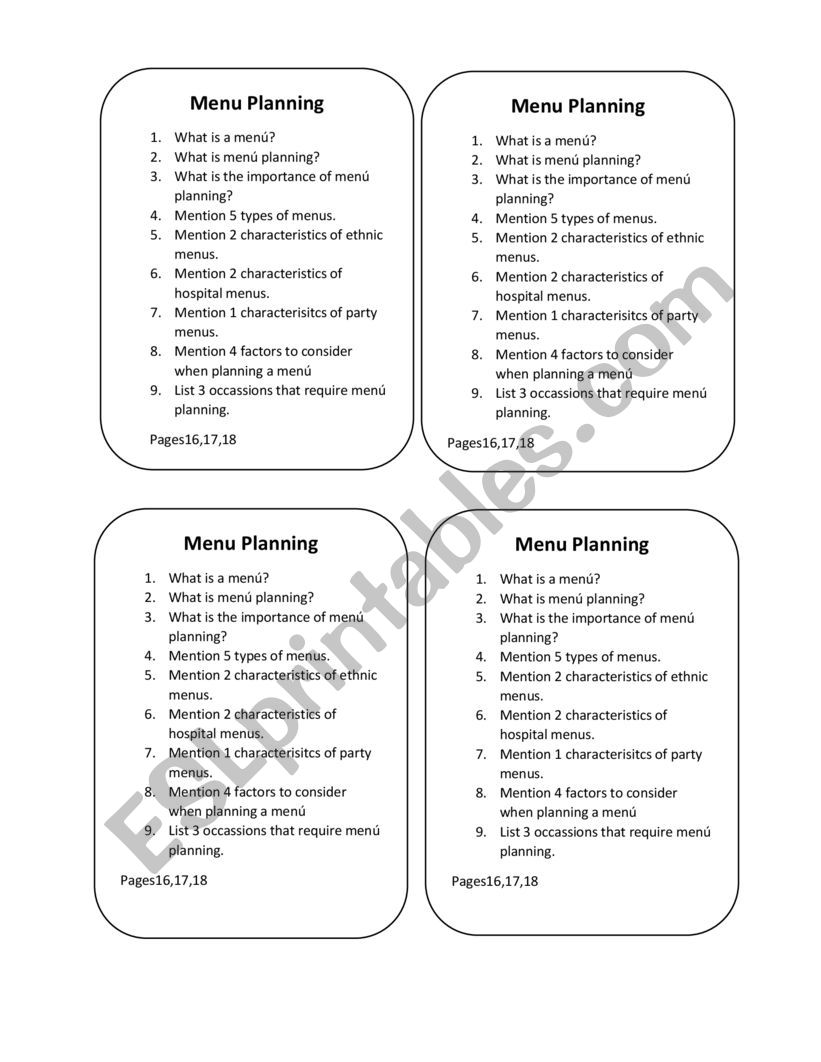 Menu Planning 1 worksheet