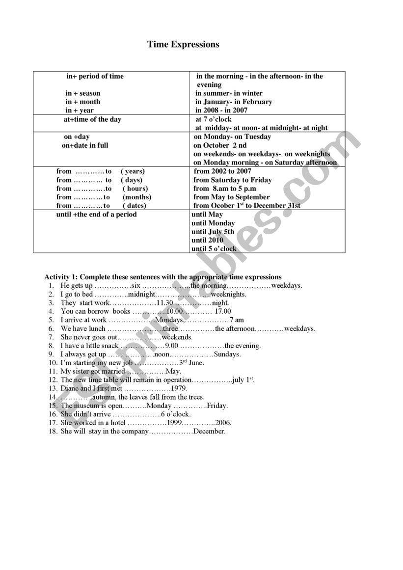 Time Expressions  worksheet