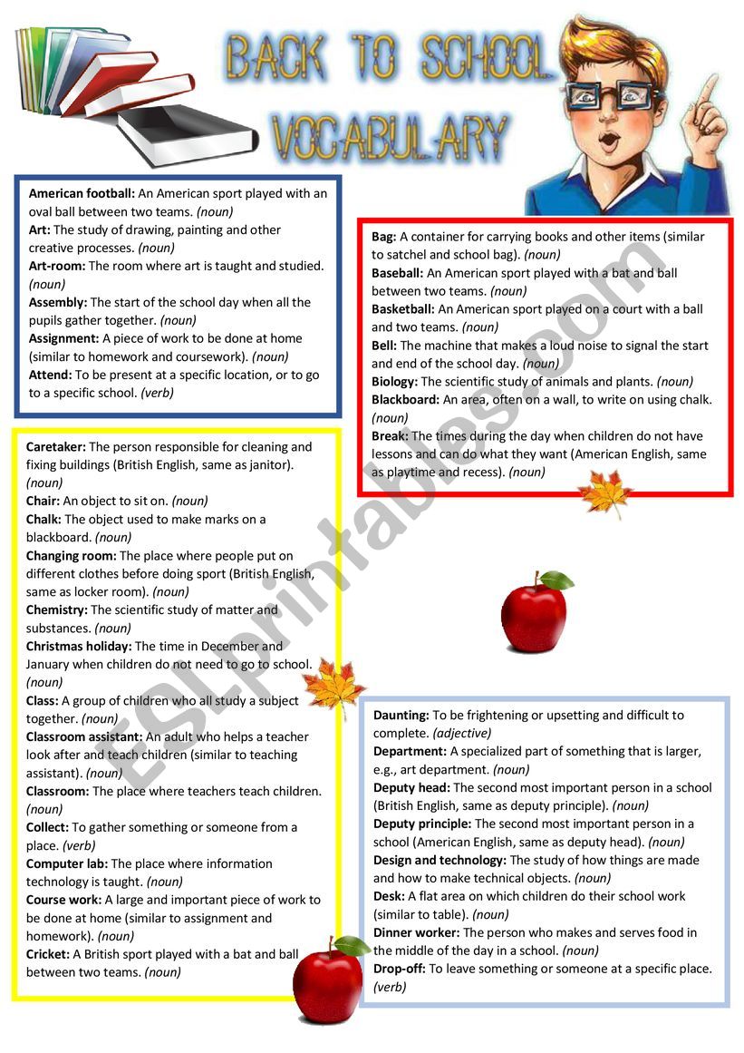 Back to school vocabulary worksheet