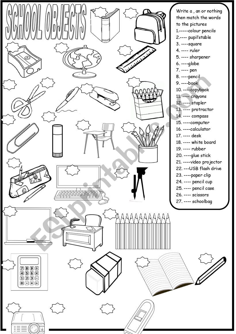 School objects to name and colour for young learners