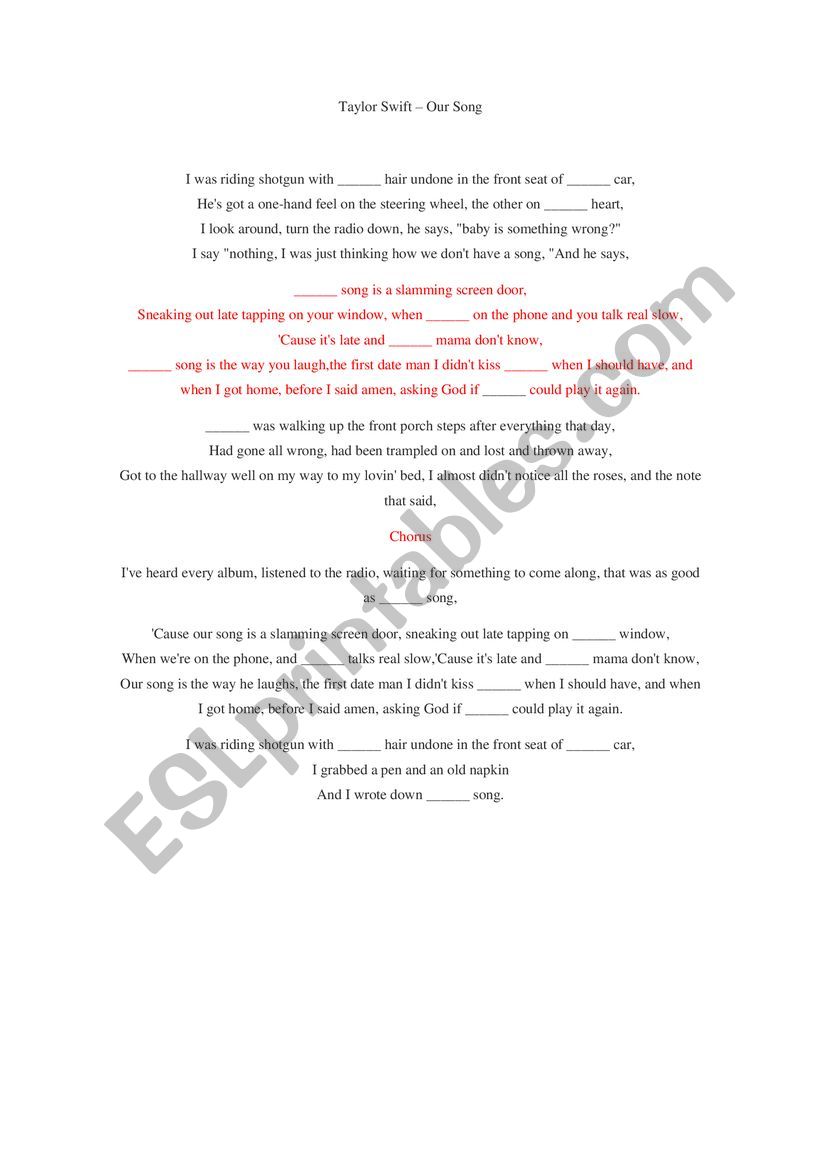 Taylor Swift - Our sog (possesive adjectives and subject pronouns)