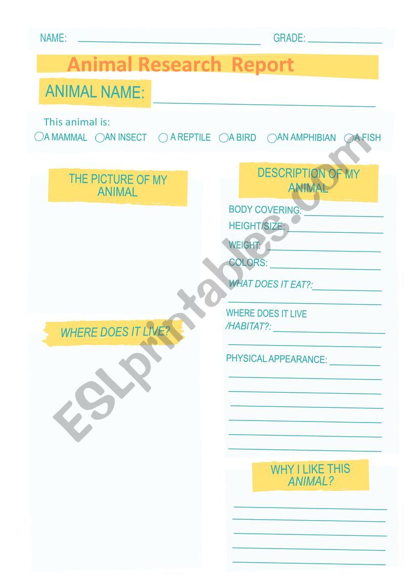 Animal Research Report worksheet