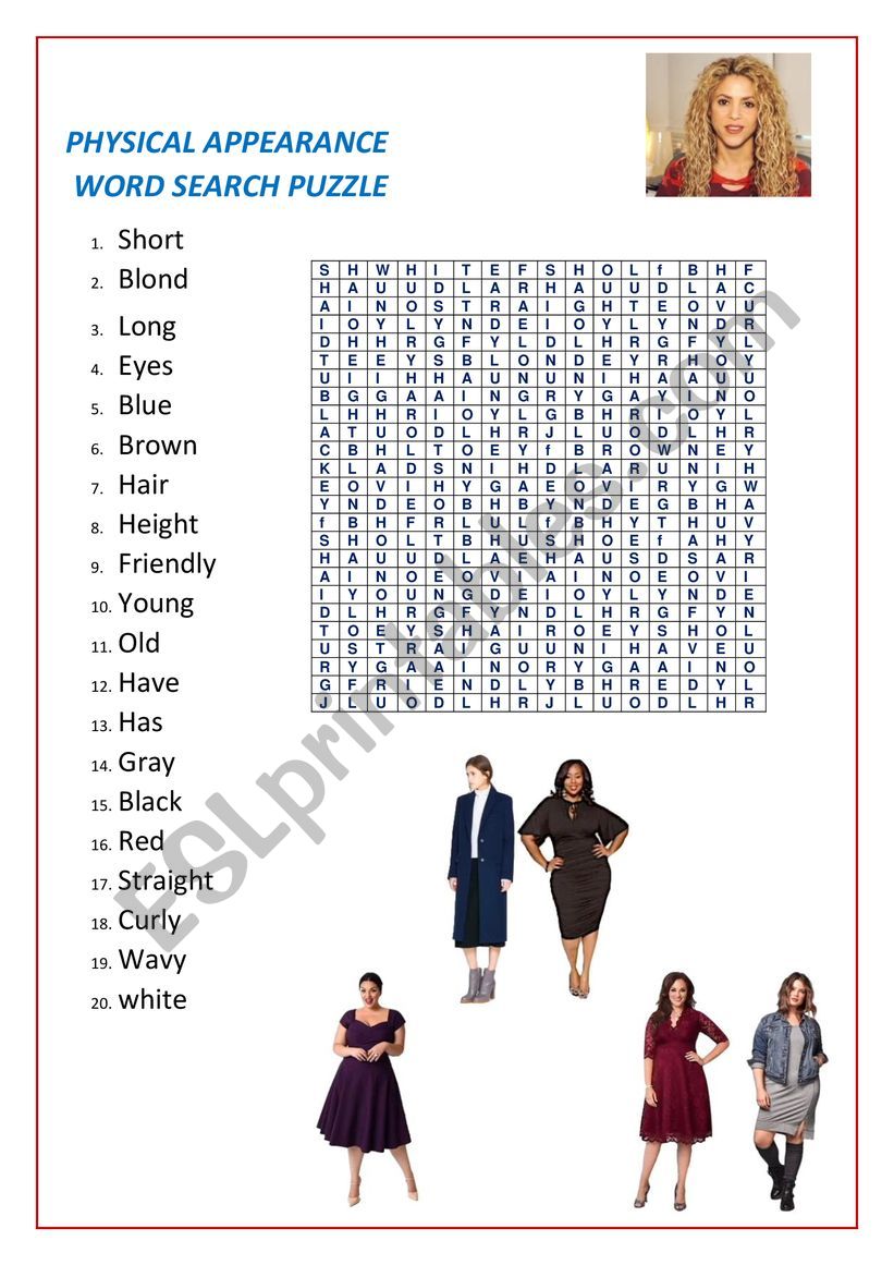 PHYSICAL APPEARANCE WORD SEARCH PUZZLE