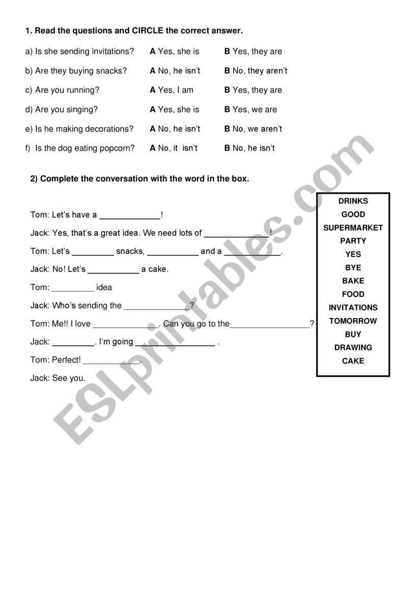 Party vocabulary worksheet