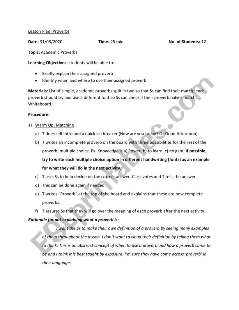 Lesson plan on Proverbs worksheet
