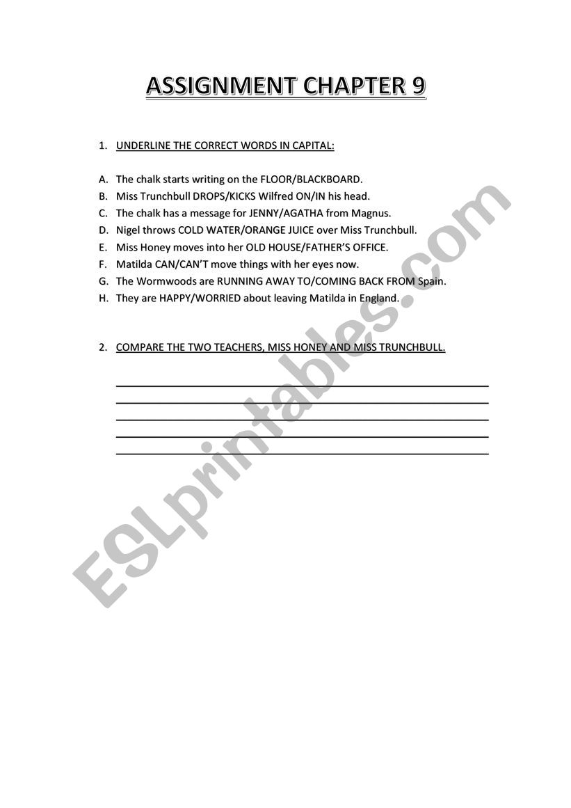 MATILDA CHAPTER 9 ACTIVITIES worksheet