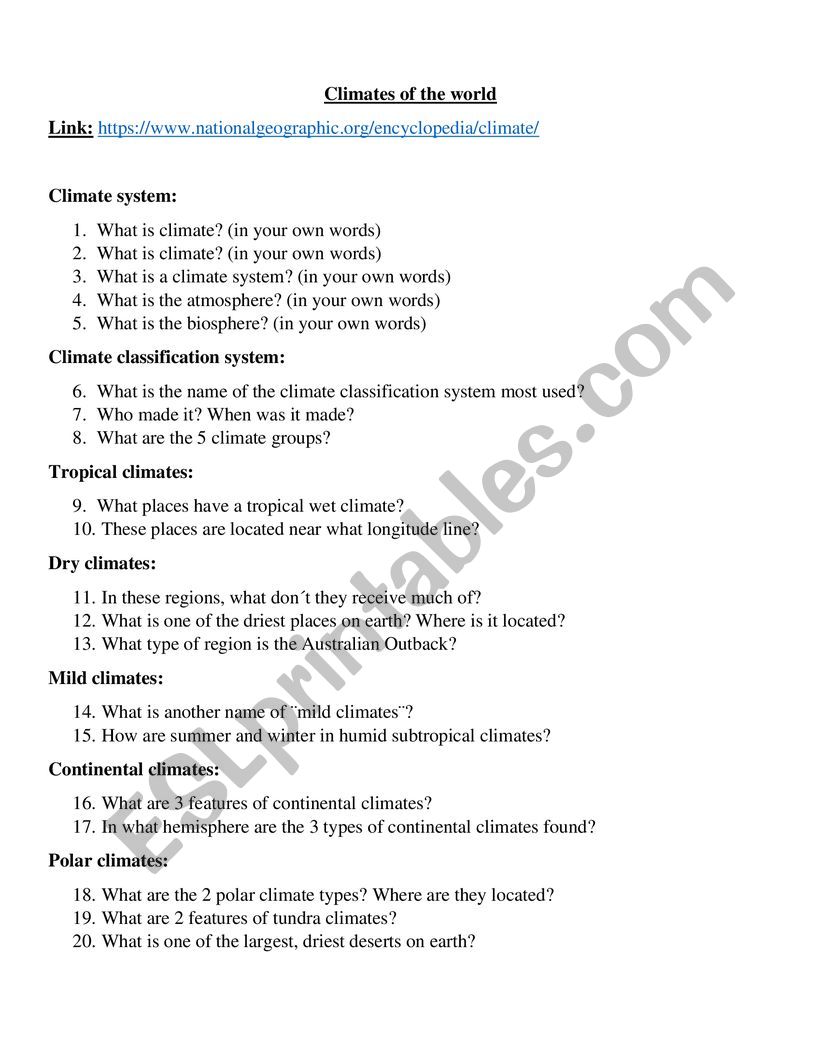 Geography: Climates of the world questions and link