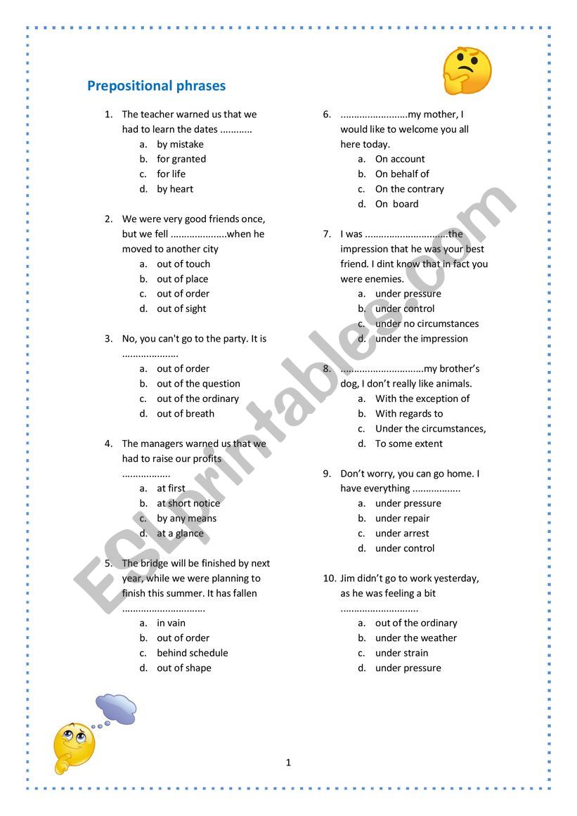 Prepositional Phrases Multiple Choice Exercises