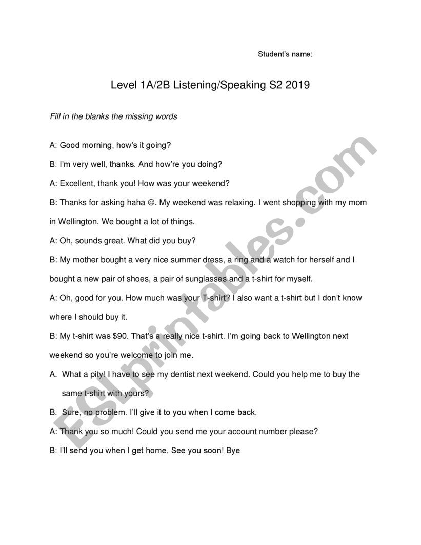 Sample Dialogue - Shopping  worksheet