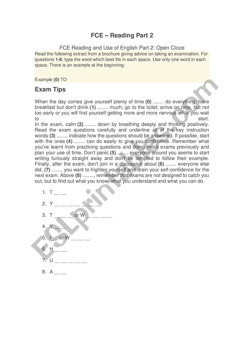 FCE - Reading - part 2 worksheet