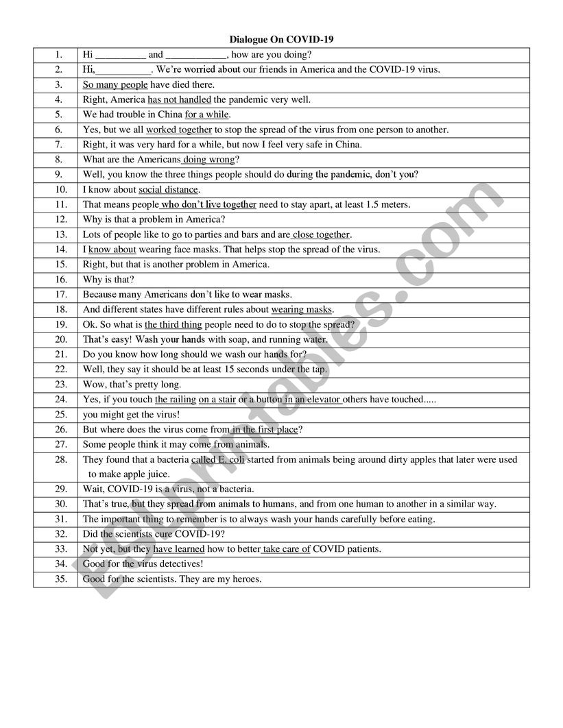 COVID-19 Dialogue worksheet