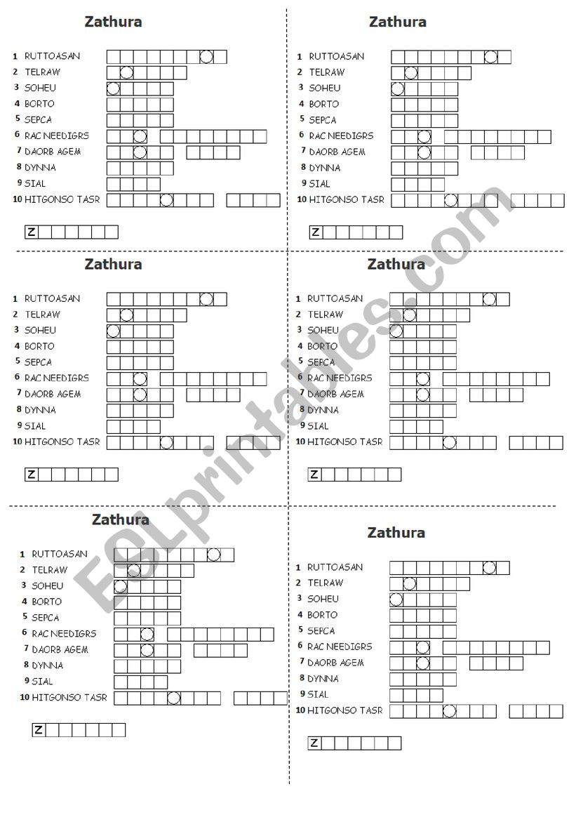 Zathura-Unscramble worksheet