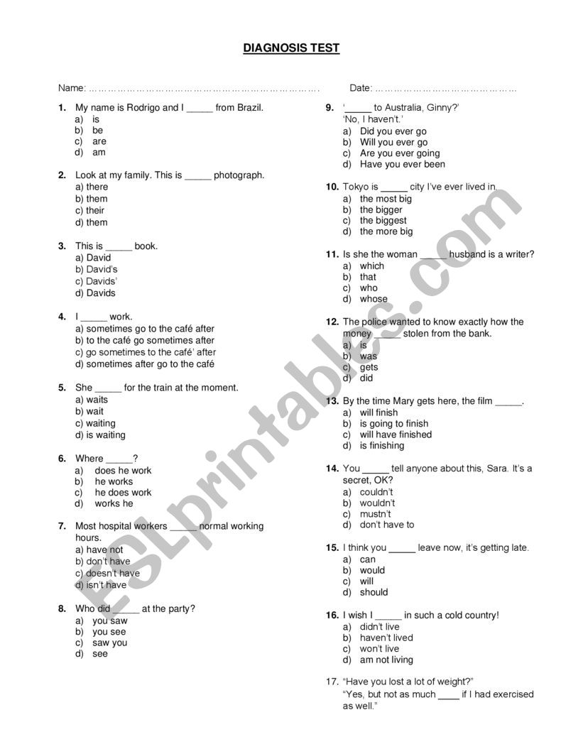 DIAGNOSIS TEST worksheet