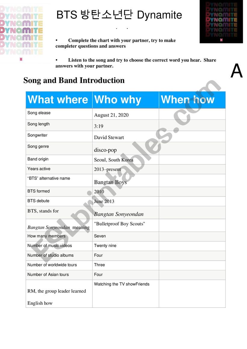 BTS - Dynamite worksheet