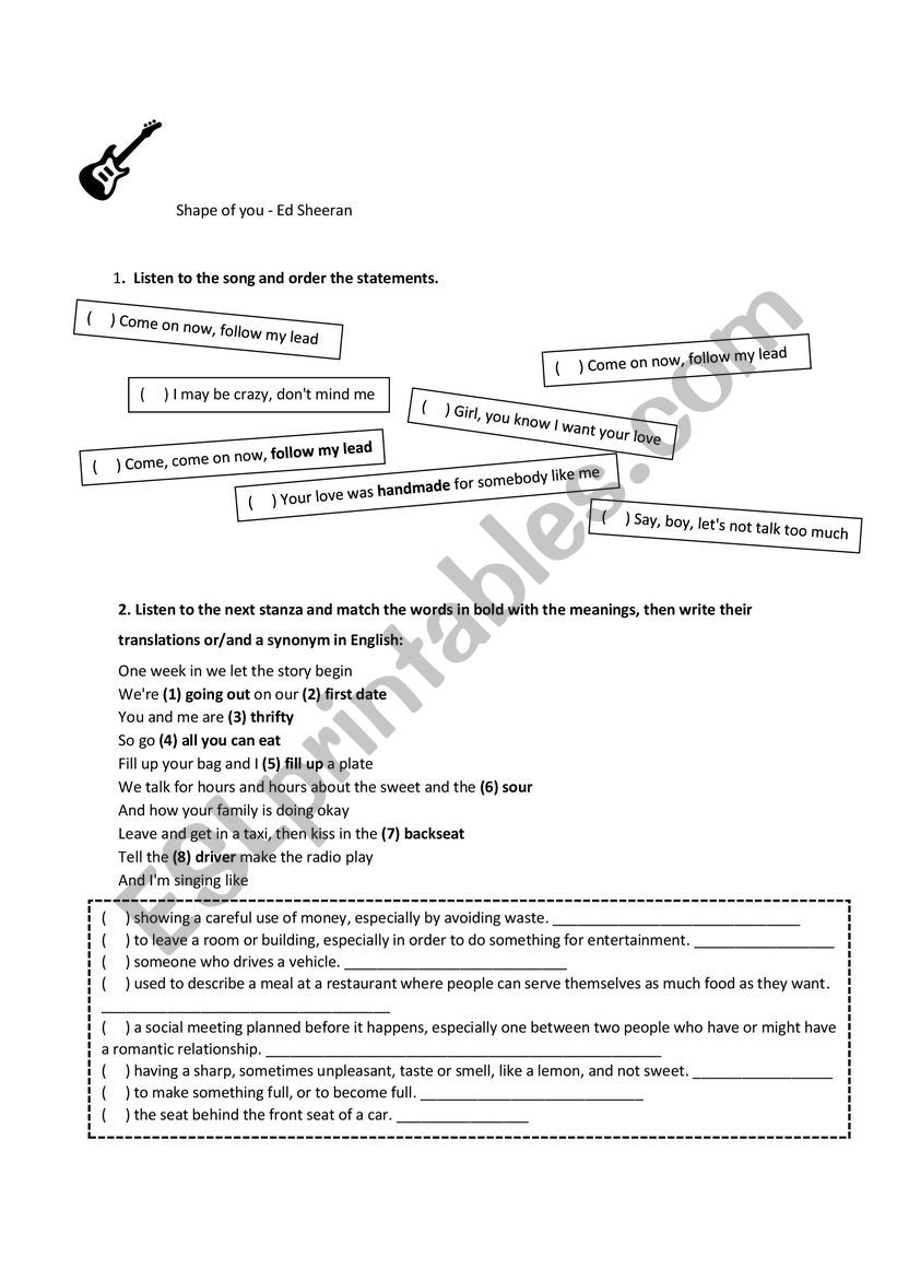 song Shape of you worksheet