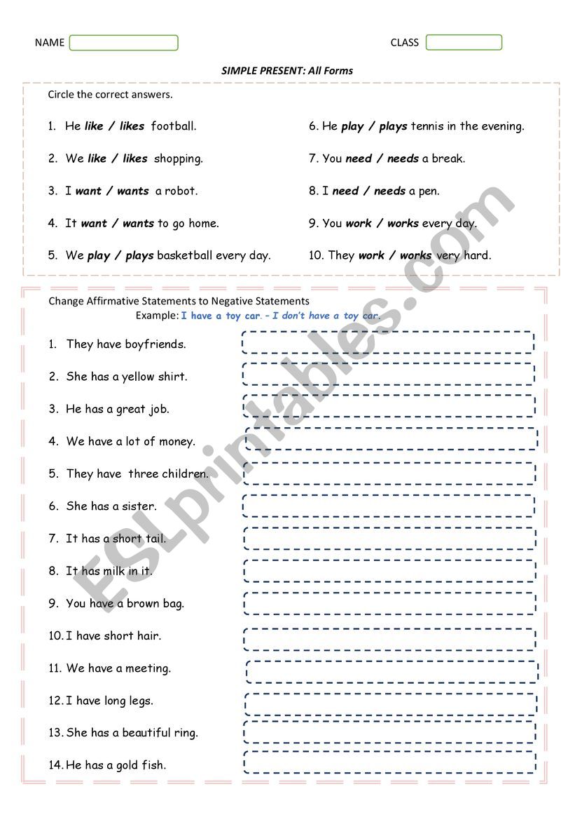 SIMPLE PRESENT: All Forms worksheet