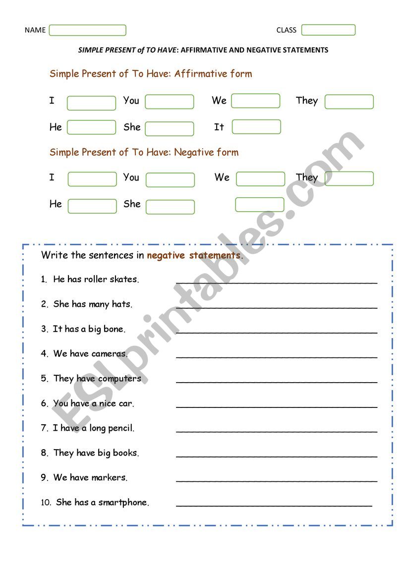 SIMPLE PRESENT of TO HAVE: AFFIRMATIVE AND NEGATIVE STATEMENTS