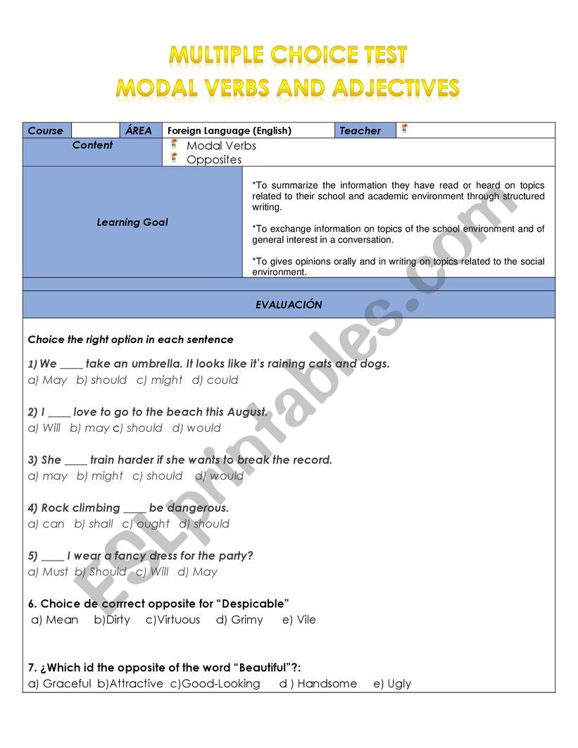 Test: Modal Verbs and Opposites