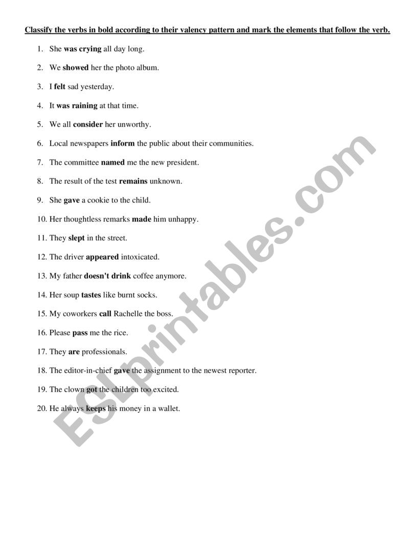 Valency Patterns Practice  worksheet