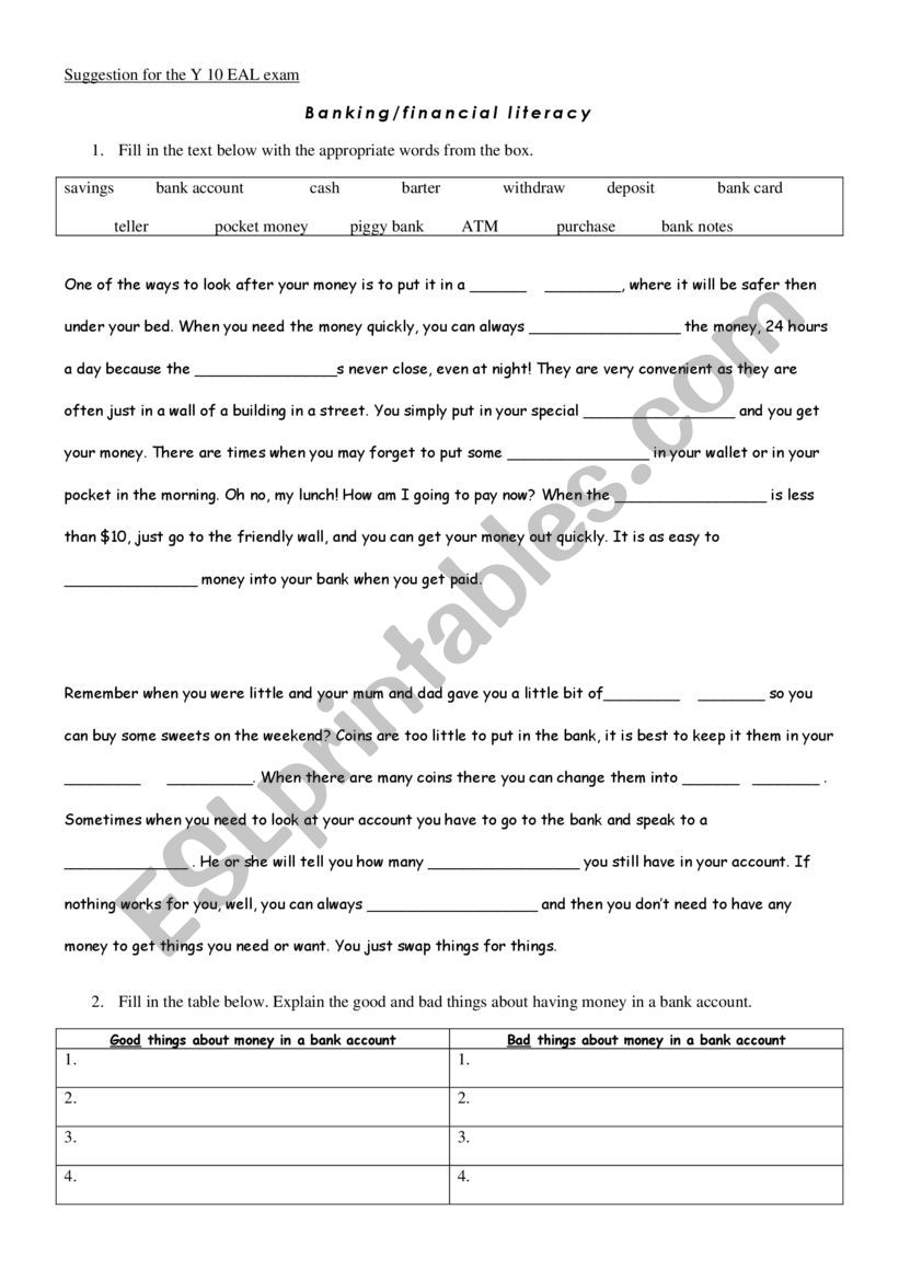 Financial literacy worksheet