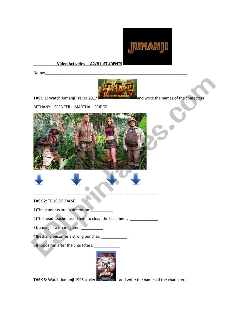 Jumanji-video-activities-a2b1 worksheet