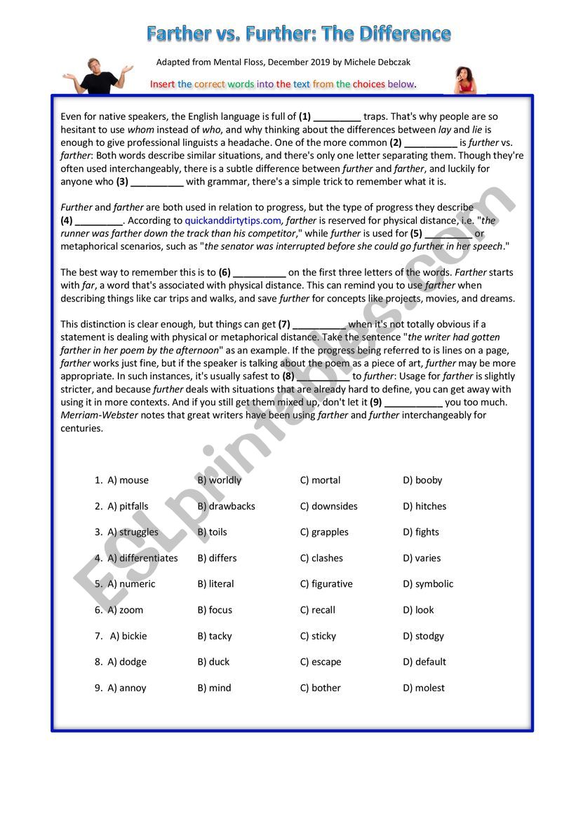 Farther Vs Further  worksheet