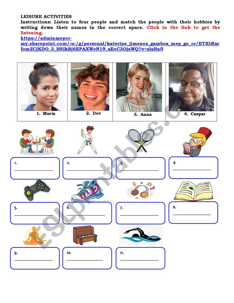 Leisure activities listening worksheet