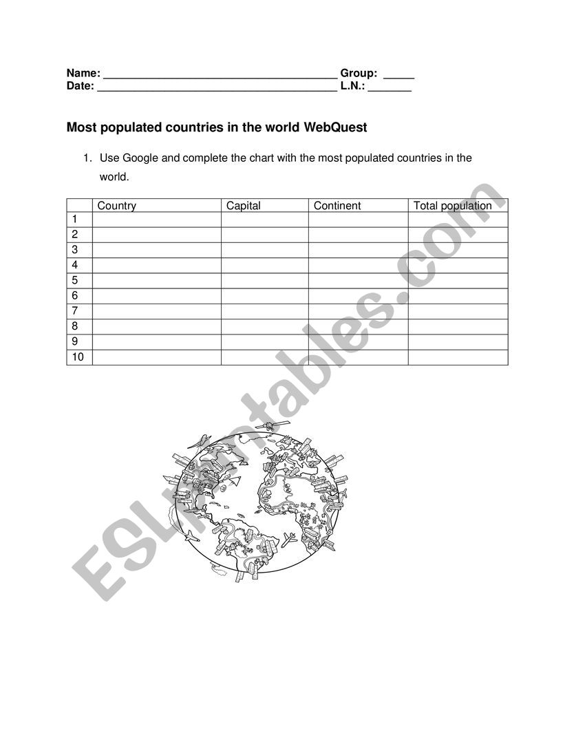 Geography: Most populated countries in the world WebQuest