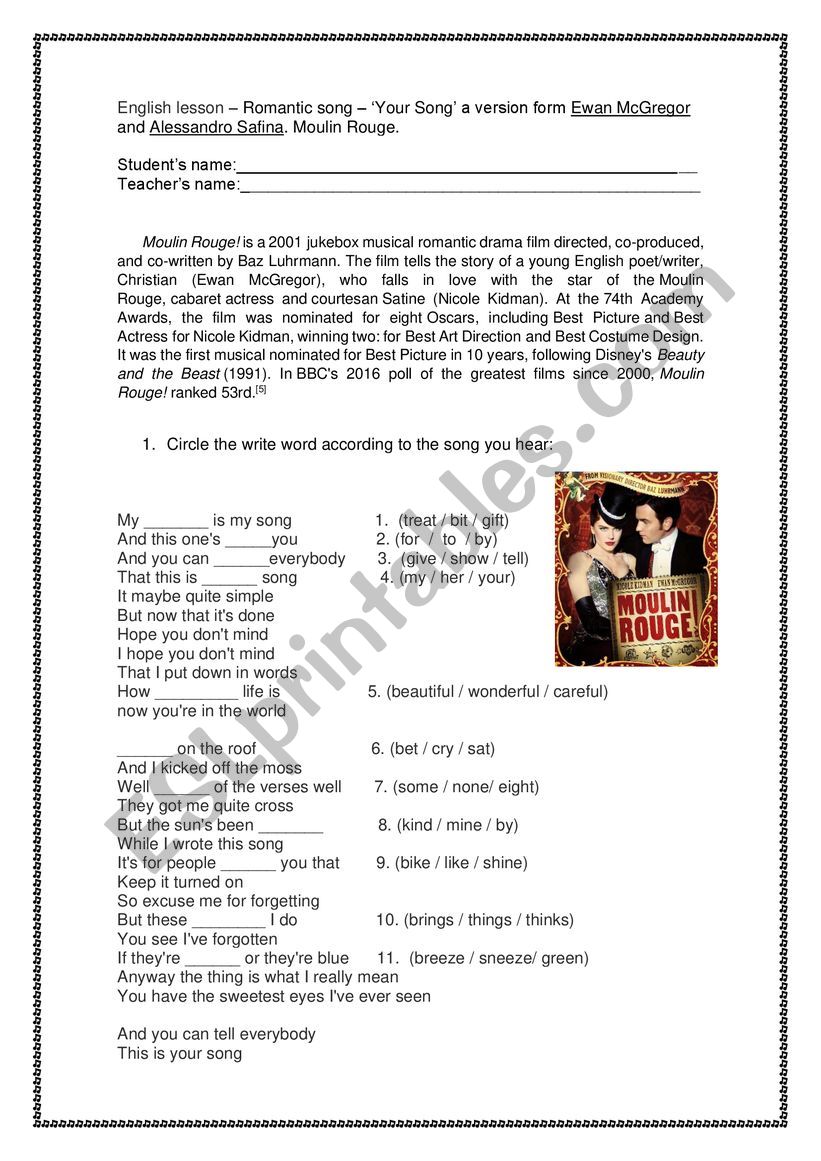 Your song - Moulin Rouge worksheet
