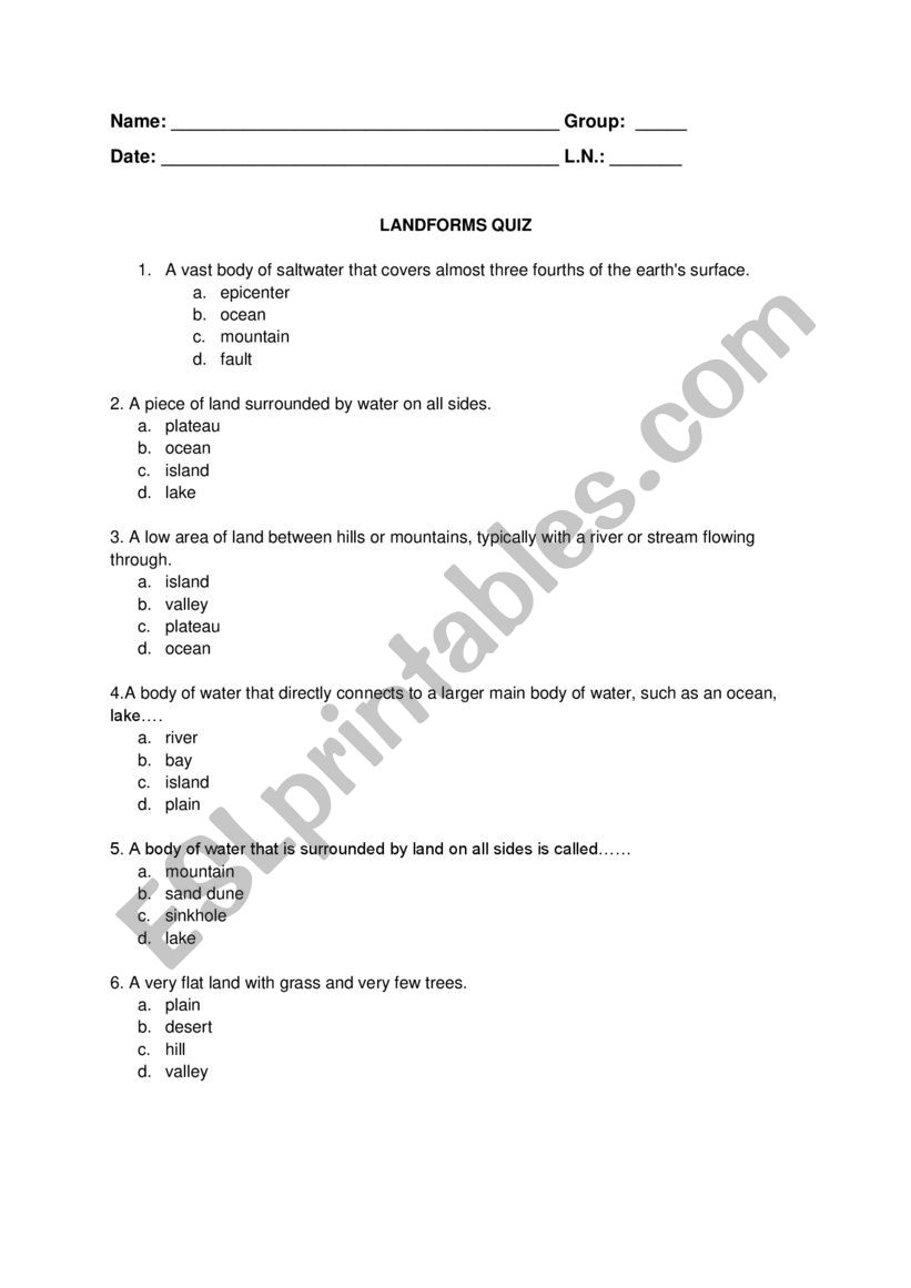 Geography: Landforms Quiz worksheet